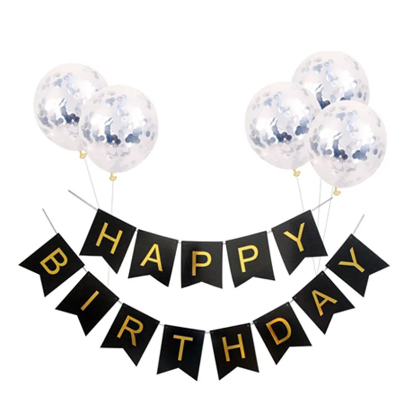 Children Adult Pull Flags Birthday Banner With Gold Black Confetti Balloon Decoration Set