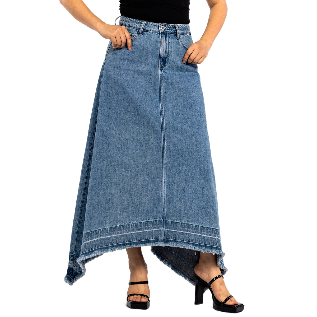 Factory Sale Vintage Asymmetrical Skirt Design Fashion High Waist Raw Edge Long Denim Skirt for Women Fall 2023