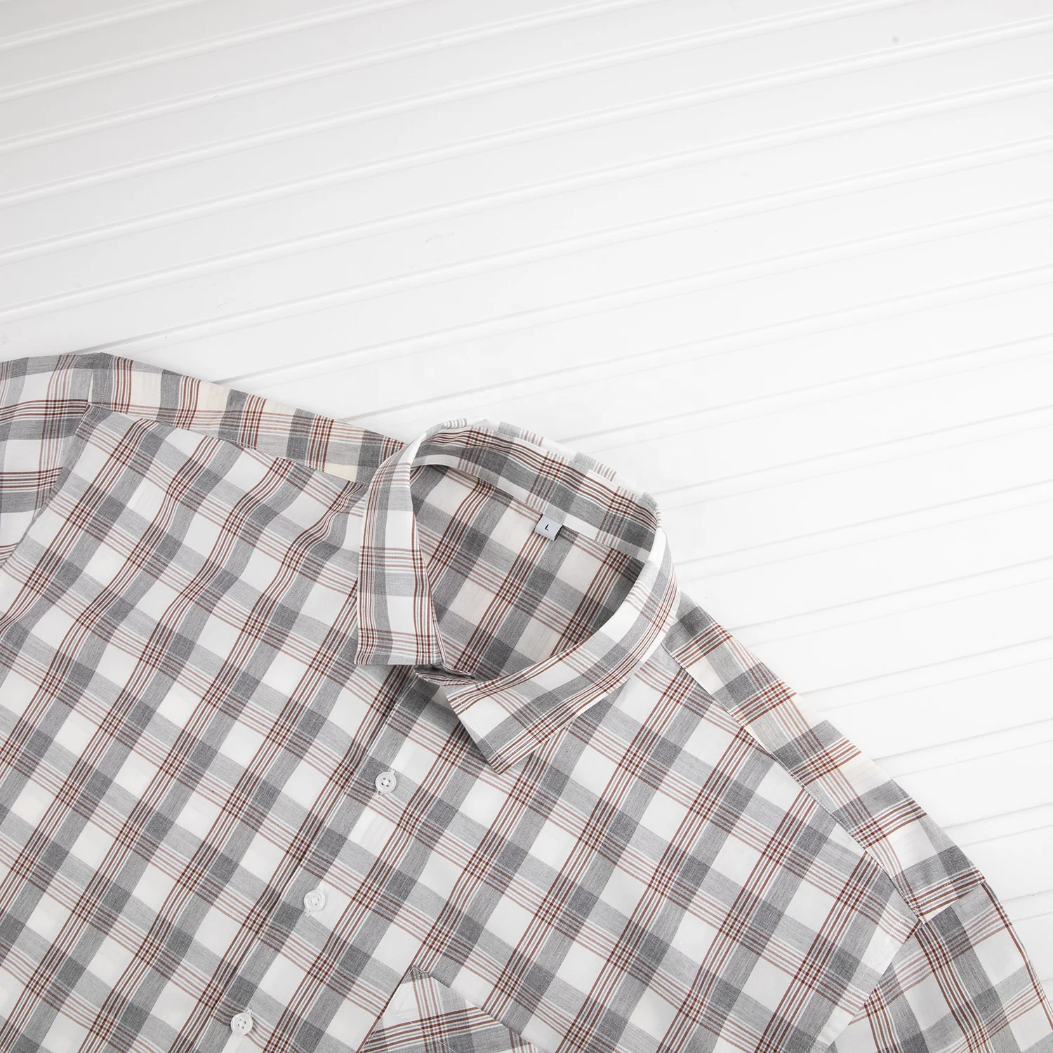 Custom Cargo Work Shirts Plaid Grey White Color Short Sleeve Square Collar Button Up Shirt For Men