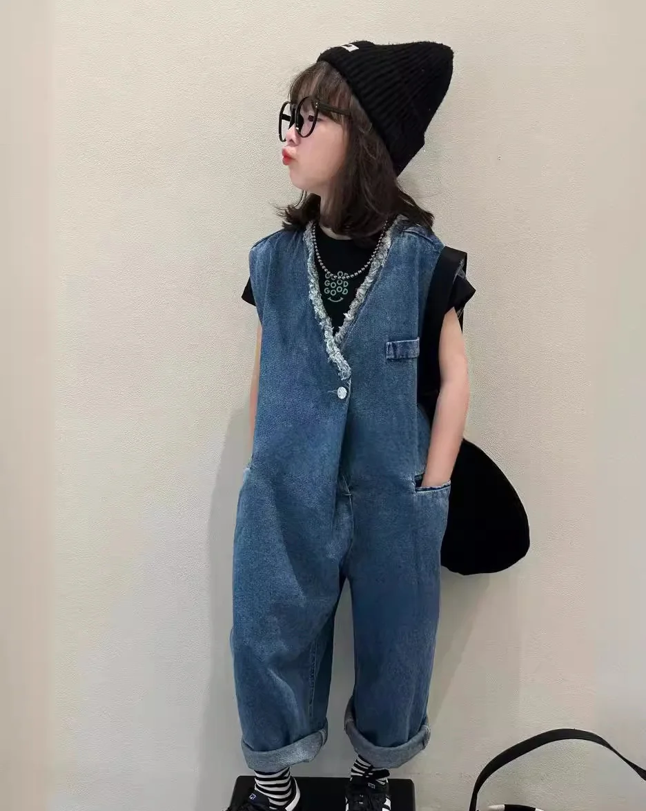 2024 sleeveless V neck blue jean denim jumpsuit children jumpsuit for kids