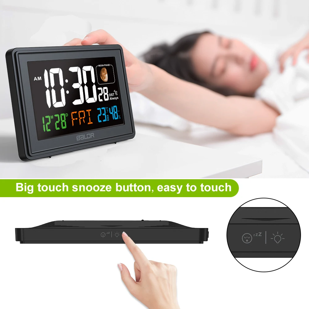 BALDR Digital Clock Radio Controlled Temperature and Humidity Function Room Clock with Moon Phase Alarm Clock
