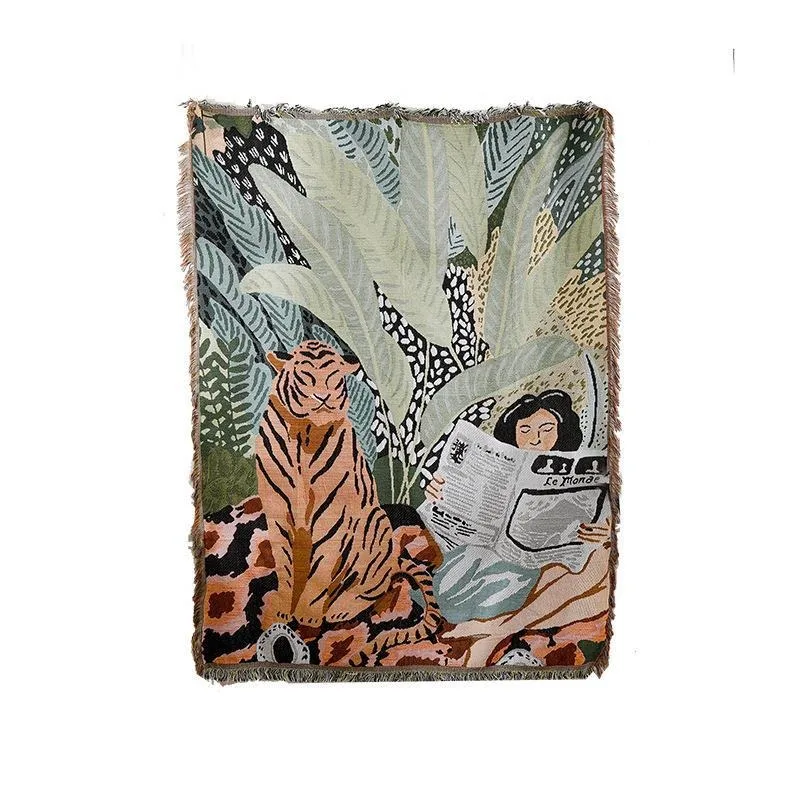 Wholesale custom logo decorate throw sofa blanket bohemia tassels tapestry jacquard woven blanket