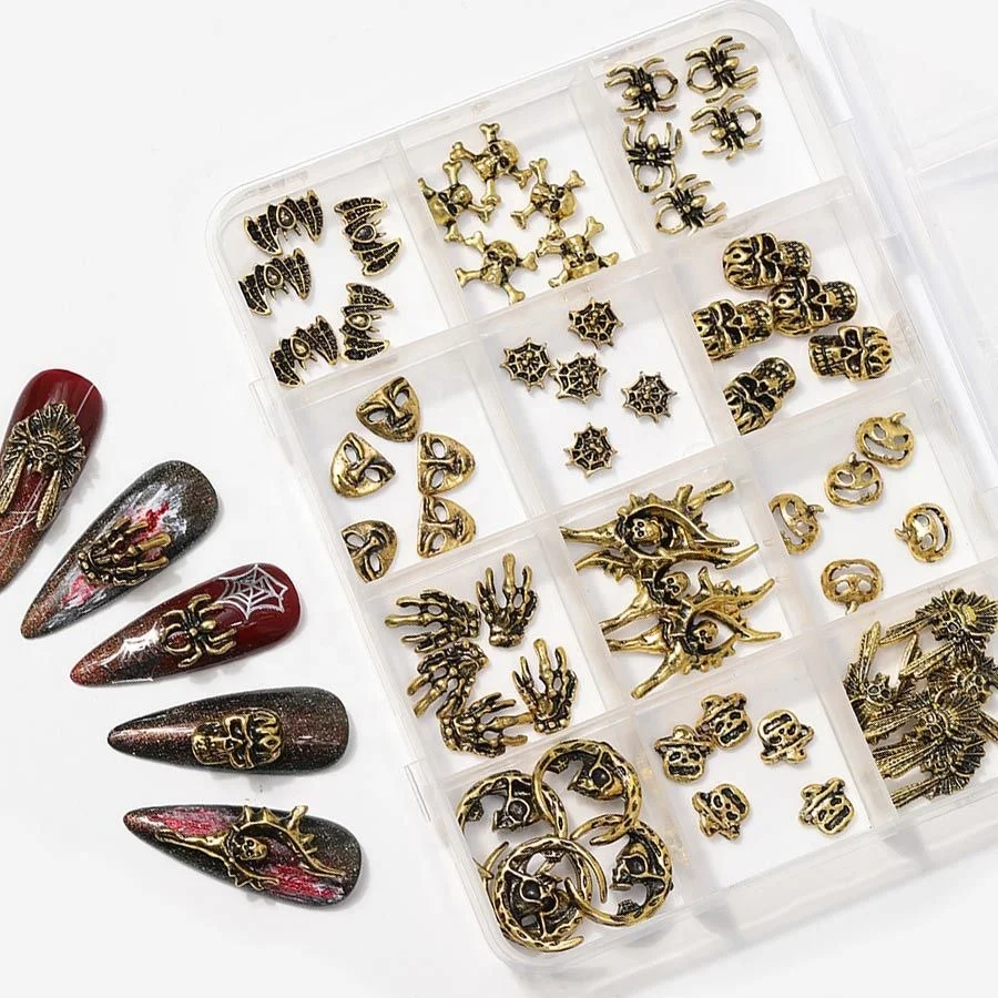 Halloween Spider Plated Red Rhinestone Metal Heart Bat Ghost Hand Claw Skull Alloy 3D Decoration Halloween Nail Art Charm