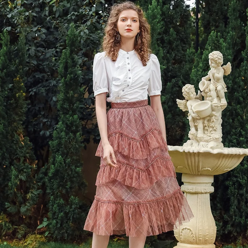 Womens Pink Plaid Layered Ankle-length Skirt Lace Patchwork A Line Tulle Long Skirts Girls Party Or Birthday Favor Wears