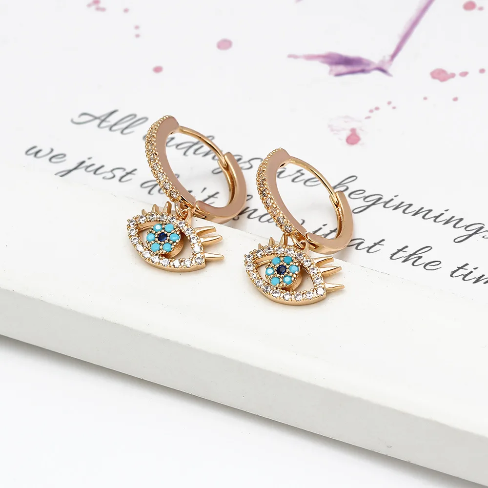 PJ-C570 Vintage Real Gold Plated Brass Drop Earrings Micro Set Zircon Blue Eye Evil Earrings