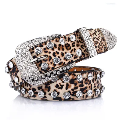 Women Girls Leopard Waistband Alloy PU Leather Waist Belts Rhinestone Leopard Buckle Belt