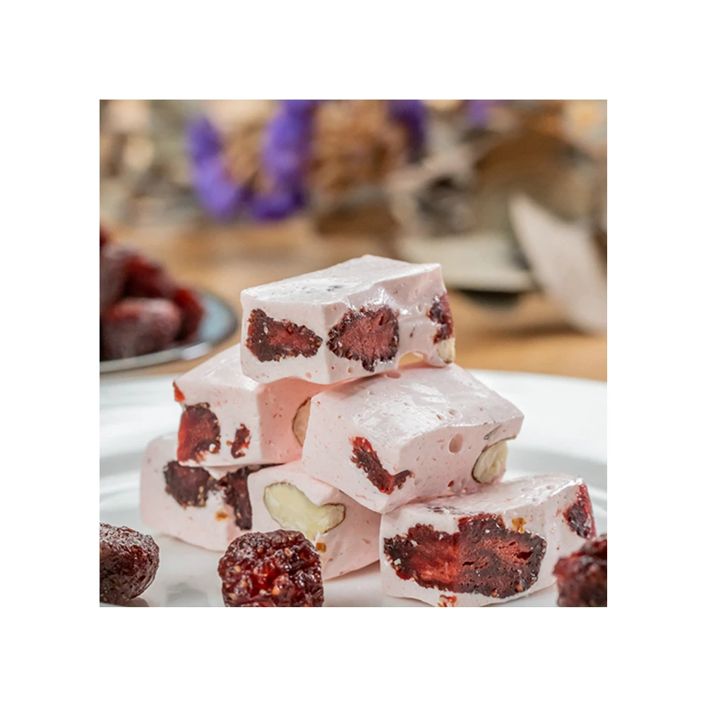 Quality Assurance Strawberry Flavour Semi-Soft Gummy Candy Strawberry Almond Nougat