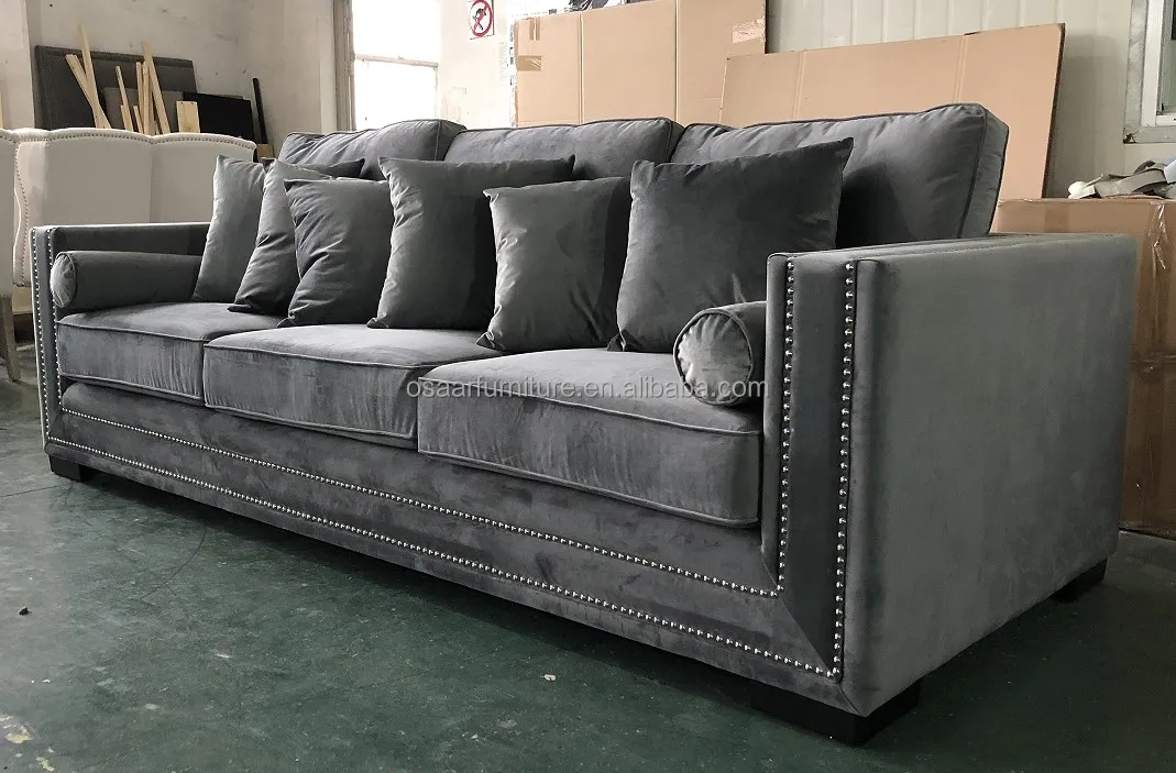 Accent European Style Living Room Grey Velvet Upholstered 4 Seater Fabric Sofa Furniture