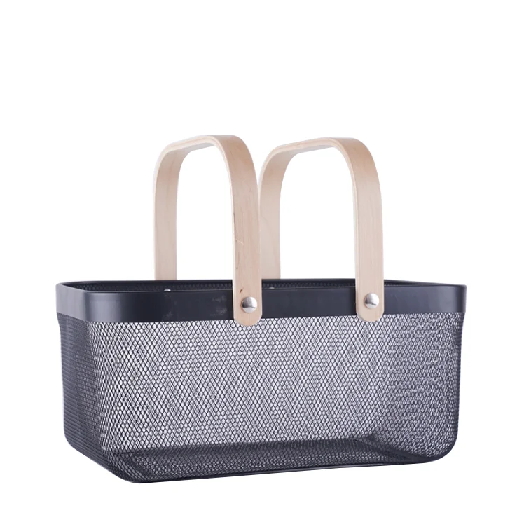 Customized Color Wood Handle Metal Mesh Food Fruit Storage Organizer Basket