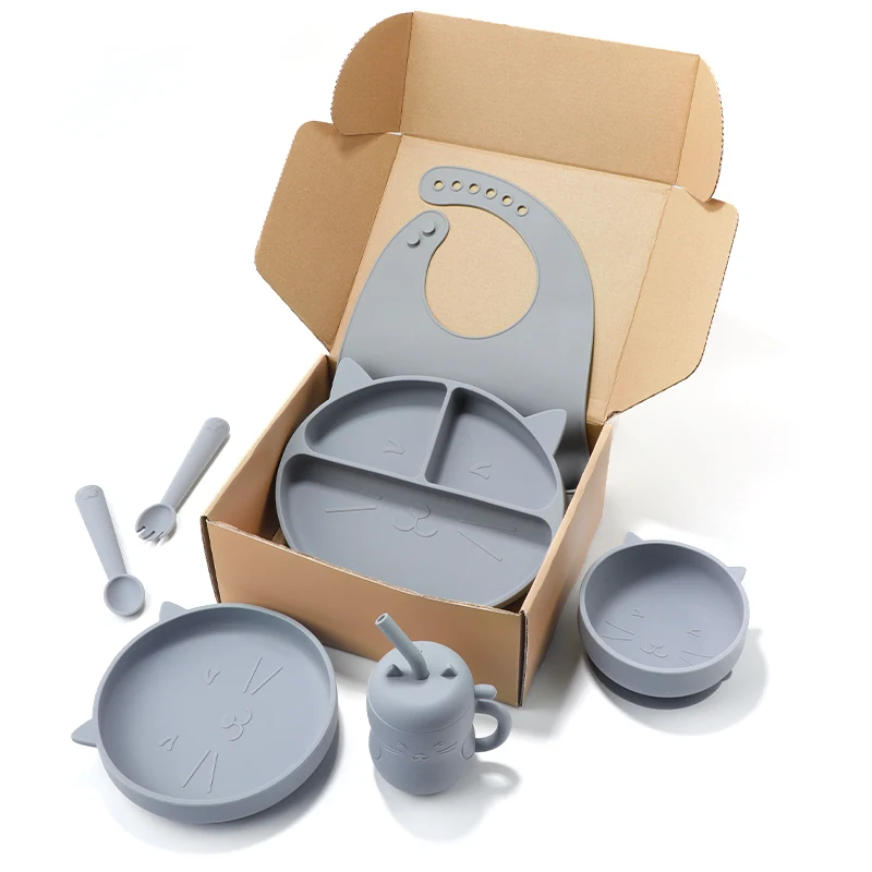 Cat Animal Food Grade Silicone Baby Feeding Set Bpa Free Plate Bowl Bib Cup Fork And Spoon Baby Feeding Dinnerware Set