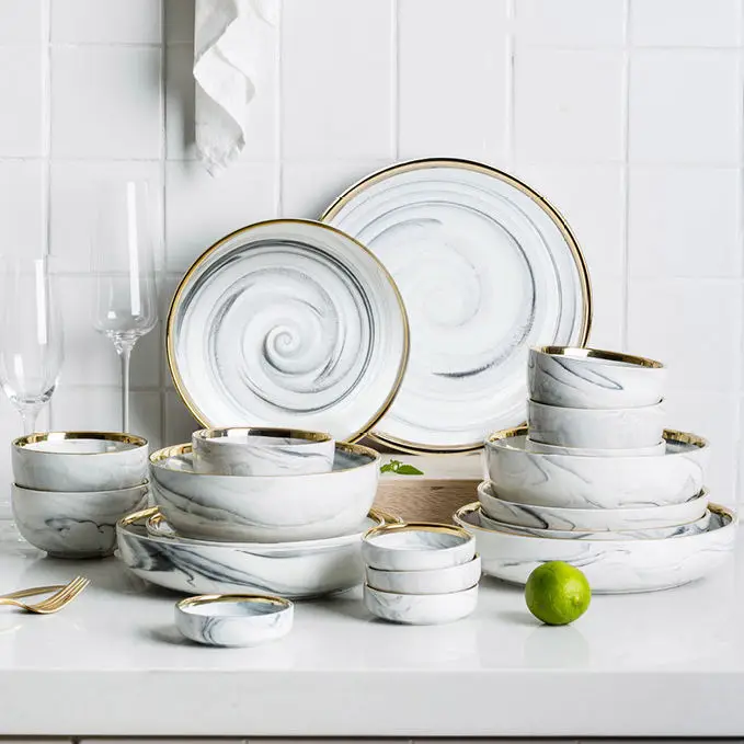 2024 Hot New Nordic Christmas plate set porcelain luxury dinnerware dishes gold ceramic tableware set marble ceramic marble