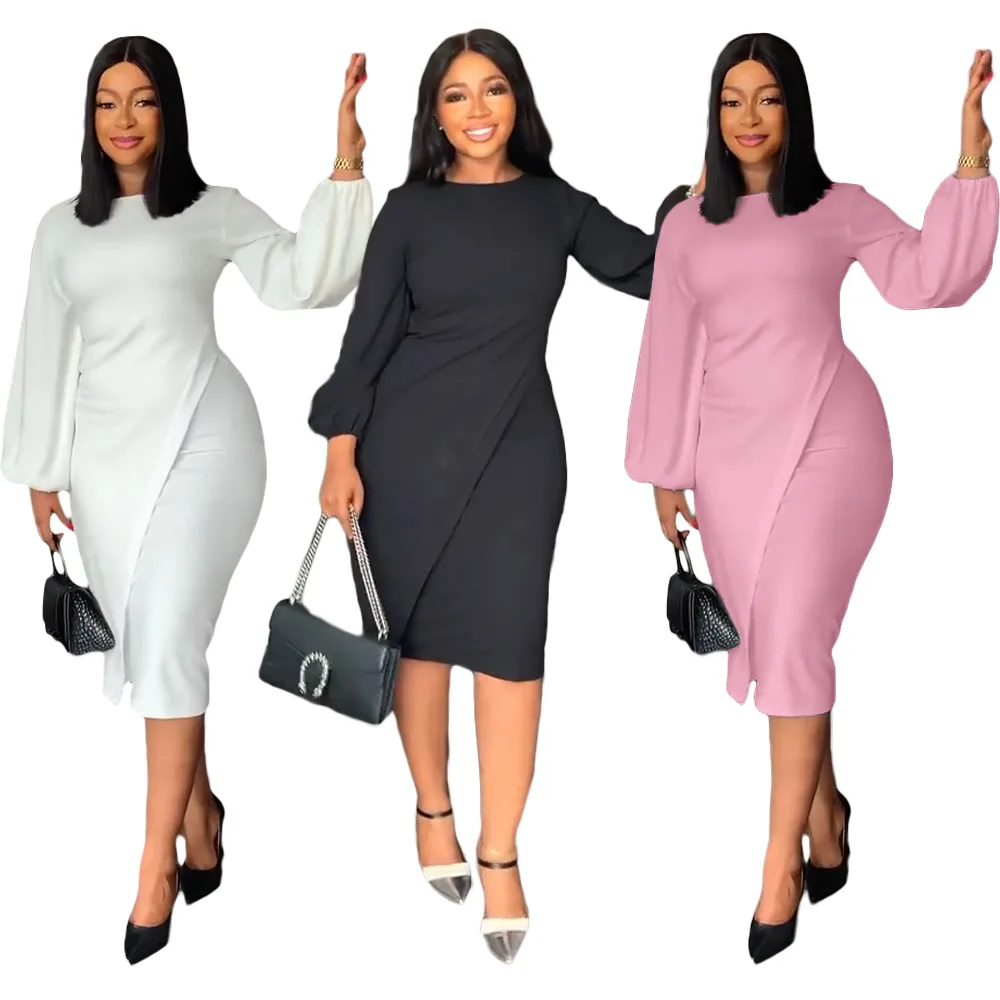 BOBOYU 2022 new arrival women modest work career dresses round neck puff sleeve slim midi dress elegant dress ladies office wear