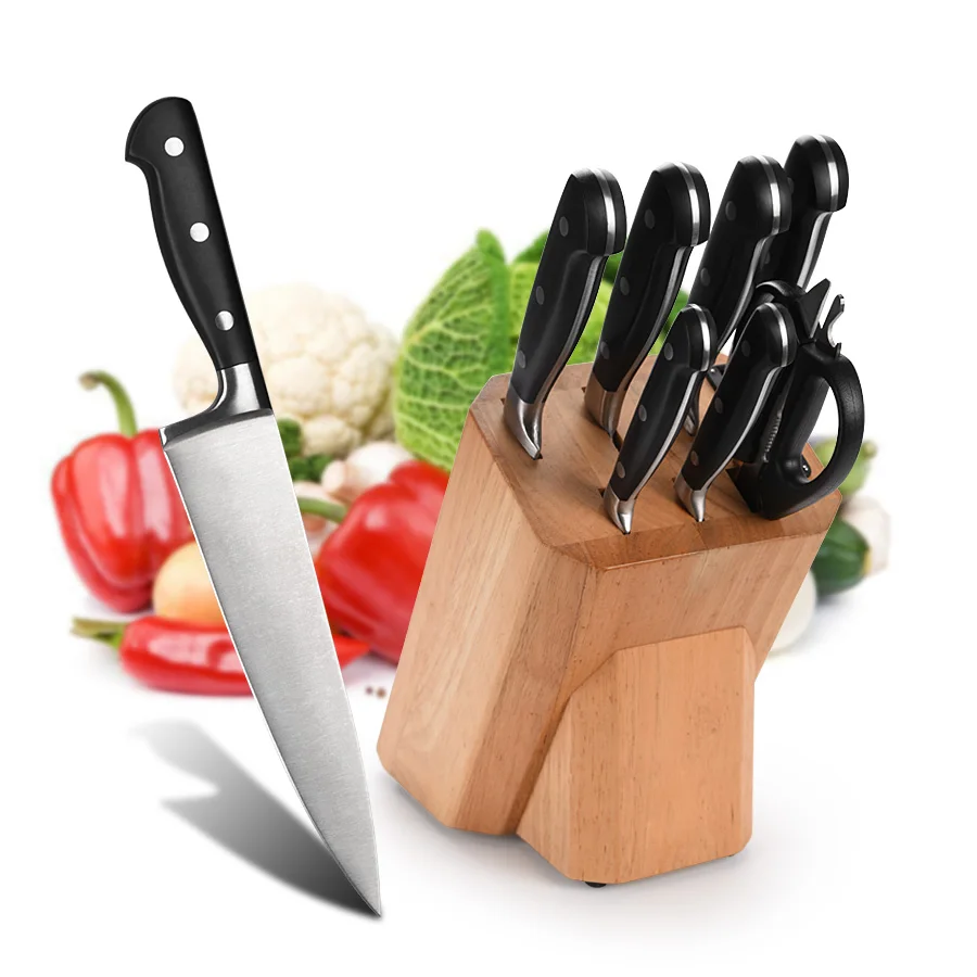 Deluxe Universal Knife Block with Slots for Scissors and Sharpening Rod / Stainless Steel Knife set Wood Cutlery Block Set