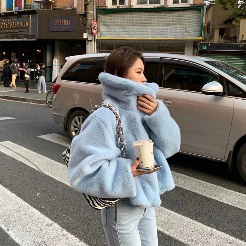 Korean Clothes  Women Winter Coats Cropped Top Faux Rabbit Fur Short Jacket Plus Size Fur Coat For Women