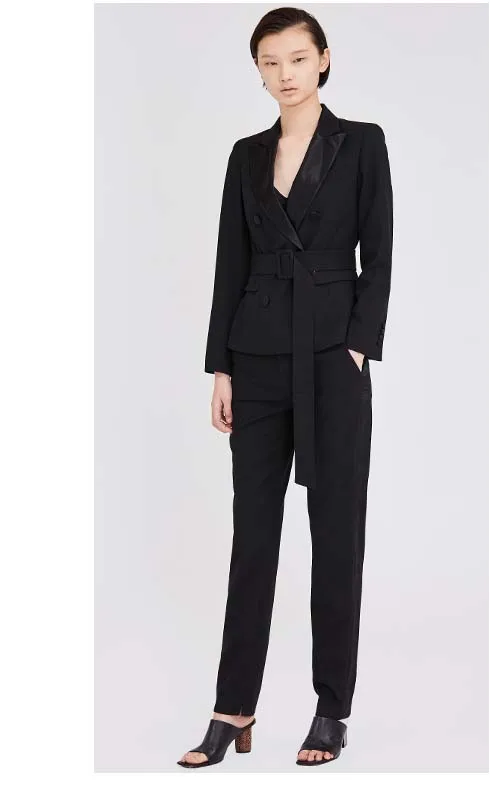 Formal pant suits,Autumn black belt slim suit jacket and trousers two-piece set