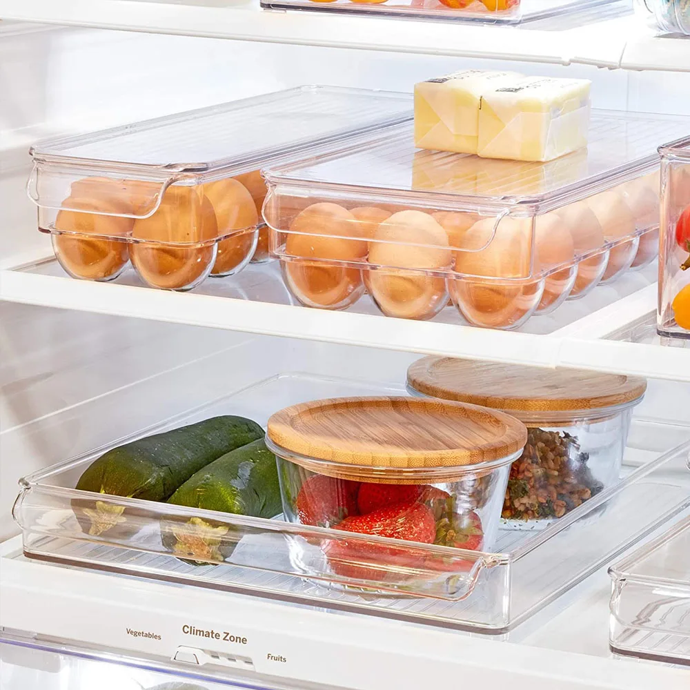 Egg Holder for Refrigerator Plastic Egg Storage Container for Fridge Clear Refrigerator Organizer Bins with Lids Stackable Tray