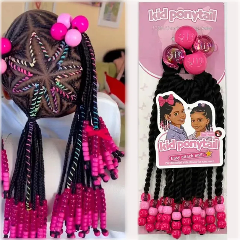 New Kids Braid Twist Hair Beaded Ponytail Extension with Beads Bow rubber For Little girls Kids