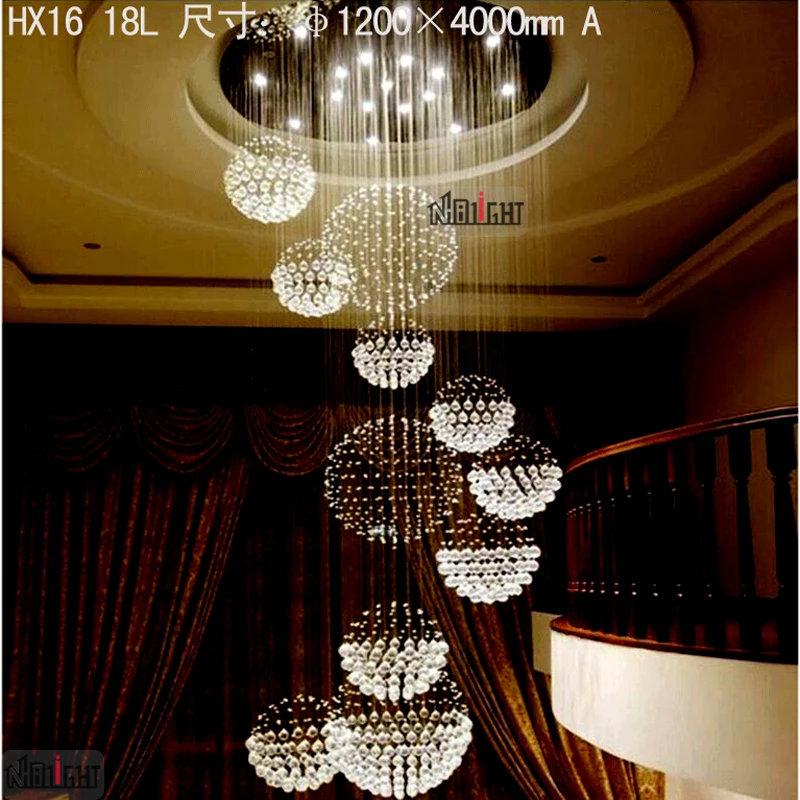 modern custom Large long staircase lighting LED ball pendant lamp raindrop spiral crystal chain chandelier for hotel and home