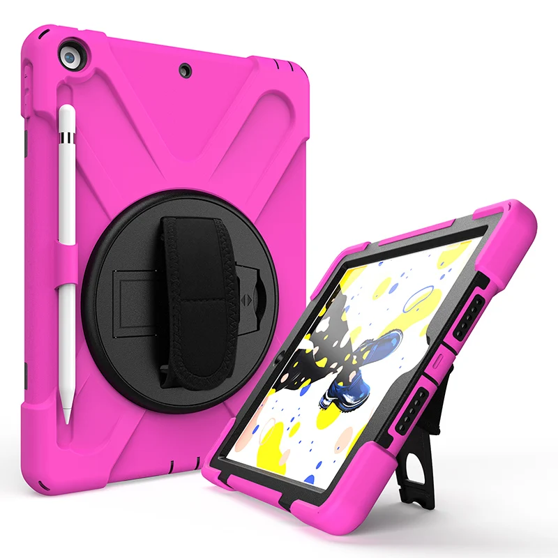 For iPad 10.2 2019 2020 kids soft thick silicone bumper PC rugged tablet case with hand strap 360 rotating foldable kickstand