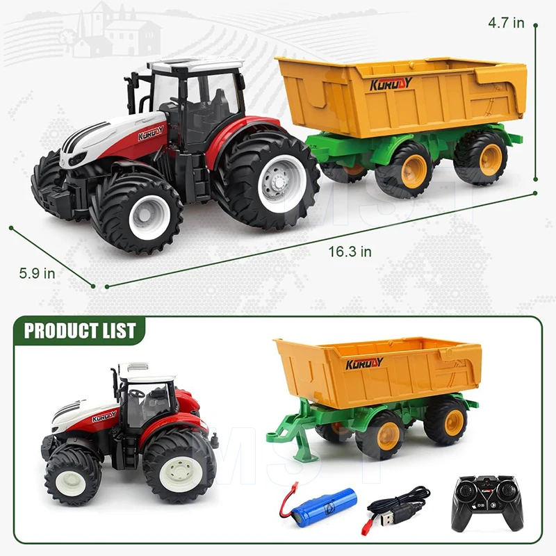 2.4Ghz 1/24 Scale Electronic Tractor Farm Vehicle Toy RC Tractor Remote Control Farm Truck with Trailer