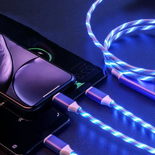 
2020 hot products factory wholesale led light usb cable flowing light 3in1 usb cable glowing luminous 3 in 1 charging usb cable 