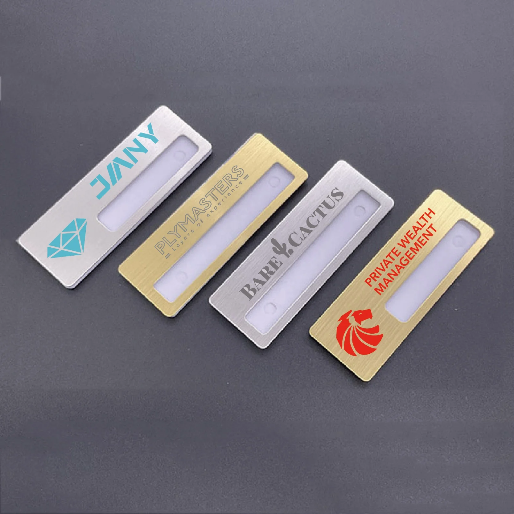 Customized Logo Brushed Stainless Steel Reusable Name Badges Tags with safety pin or Magnetic Back