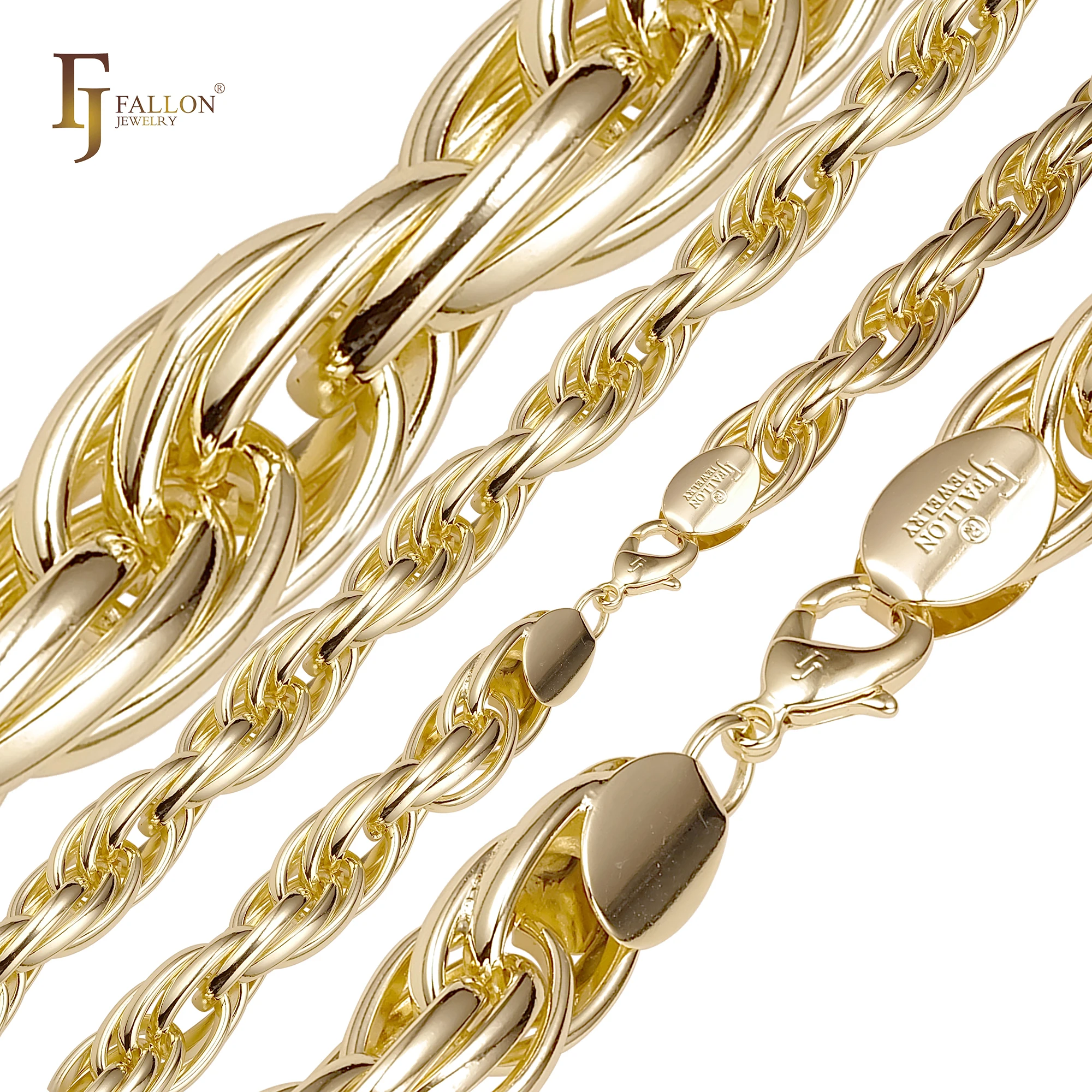 54120046 FJ Fallon Fashion Jewelry Wide Rope Round Cable Triple Link Chains Plated In 14K Gold Brass Based