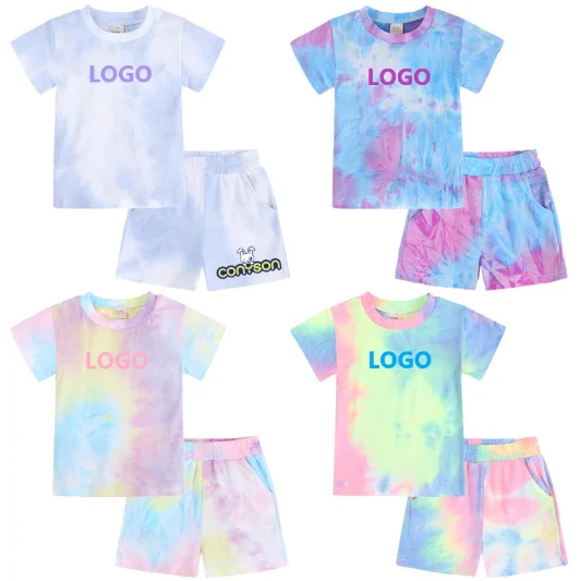 Conyson Summer custom cotton toddlers clothes set wholesale unisex 2pcs fashion pajamas sets short sleeve tie dye kids clothes