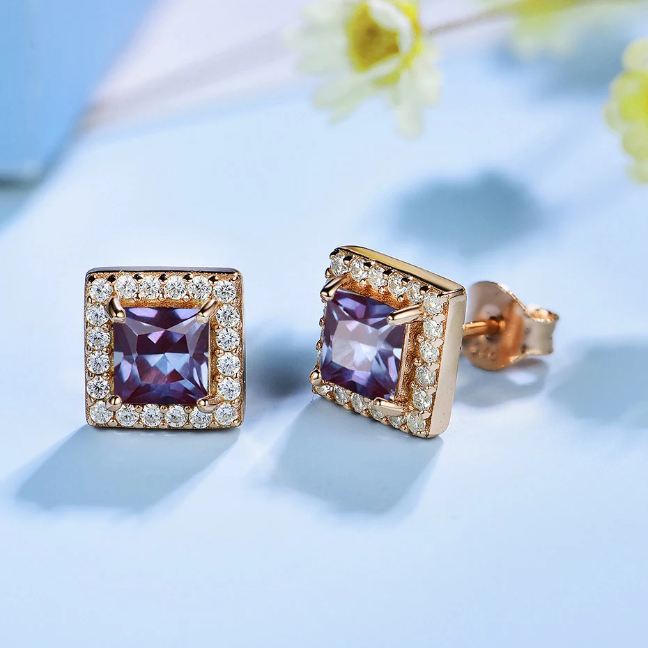 
585 rose gold lab grow Alexandrite Gemstone Stud Earrings for Women Solid 925 Sterling Silver color change Topaz Amethyst 