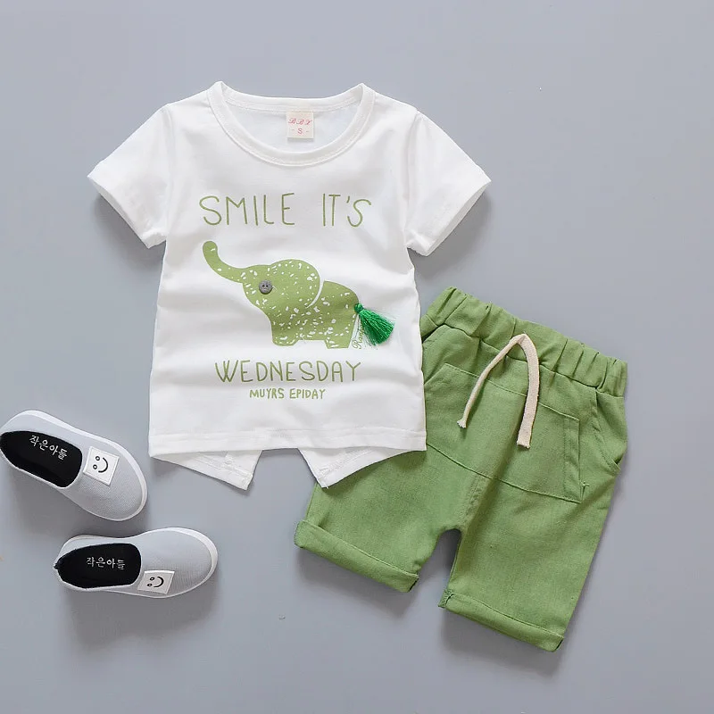 Korean Version Boys Summer Two-Piece Set Casual Cotton Short Sleeve Shorts with Printed Elephant Kids Summer Wear