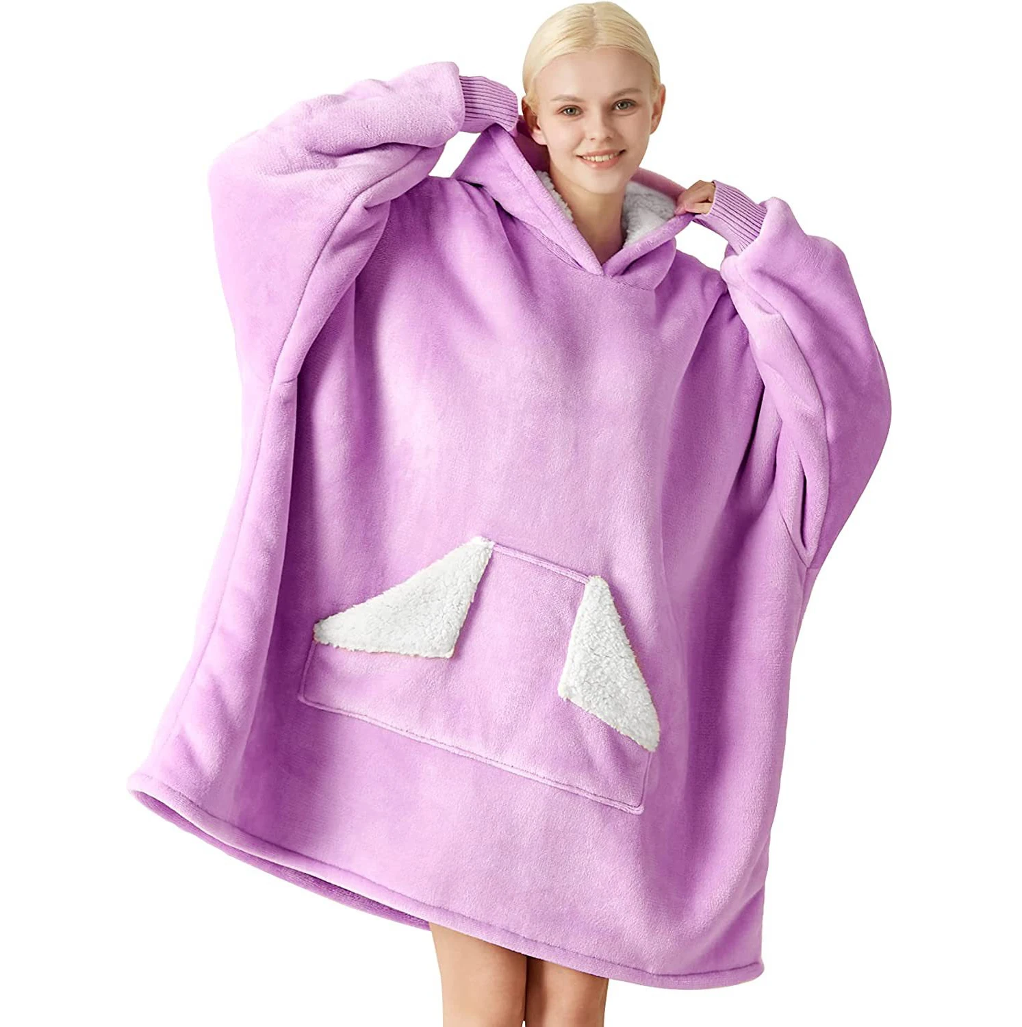2023 New Wholesale wearable fleece solid color hoodie blanket for adult sherpa oversized hoodie blanket
