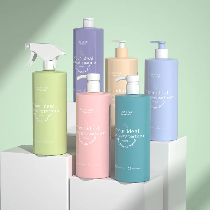 Wholesale Factory Price 1000ml Round Flat Shoulder Refillable Body Wash PET Plastic Pump Bottle