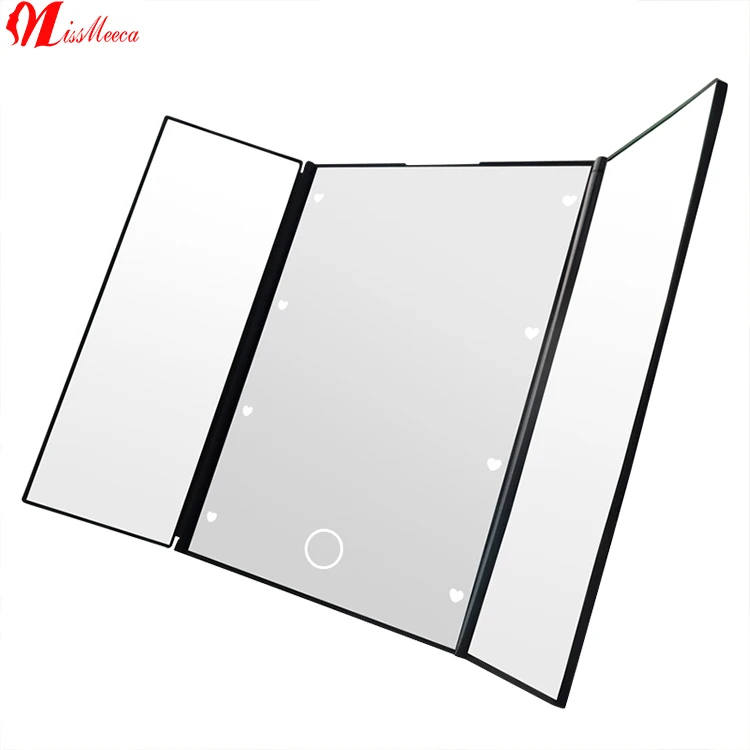 OEM ODM Espejo De Maquillaje Con Luz Miroir Espelho Com Led Lighting 3 Way Trifold Standing Mirror Makeup Pocket Mirror Mirrors