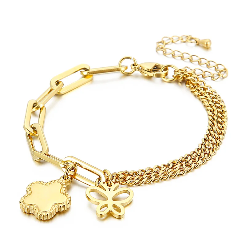 Women simple Fashion butterfly flower titanium steel 18k chain bracelet
