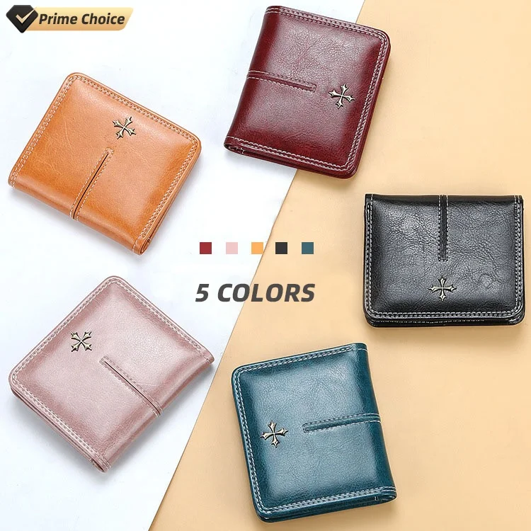 Fashion Luxury Retro Small Short Oil Wax Leather Coin Pocket Zipper Purse Bifold Multi Cardholder Women Wallet with Metal Logo