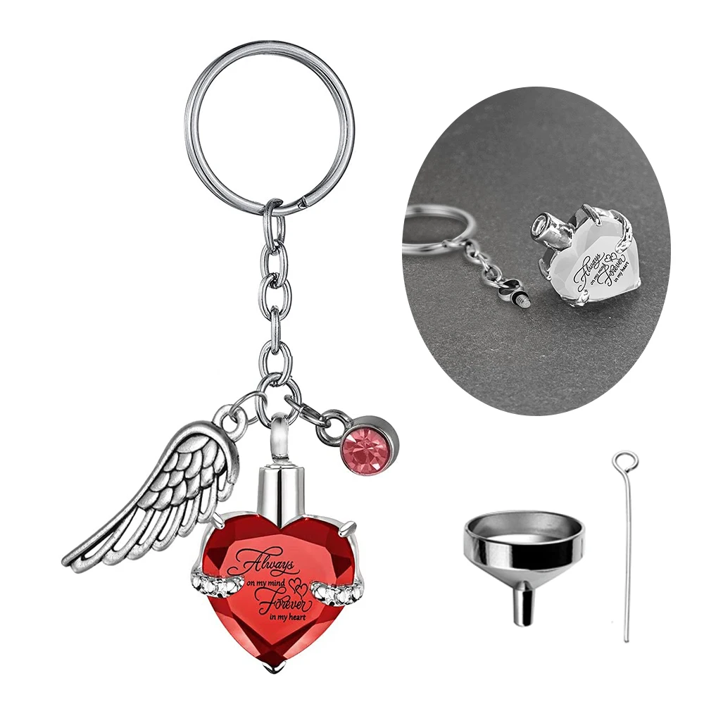 Heart with Birthstone and Angel Wing Pendant Memorial Key Chain Cremation Urn for Ashes Keepsake Key Ring Jewelry to Men Women