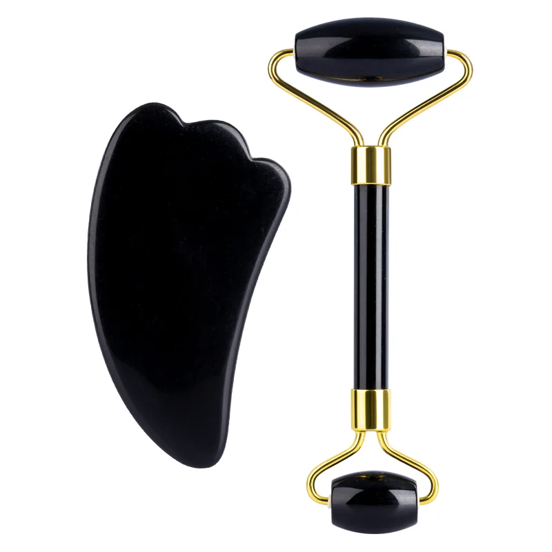 OEM Best Price 100% Natural Obsidian Stone Black Jade Roller Gua Sha Tools Set For Facial Massage