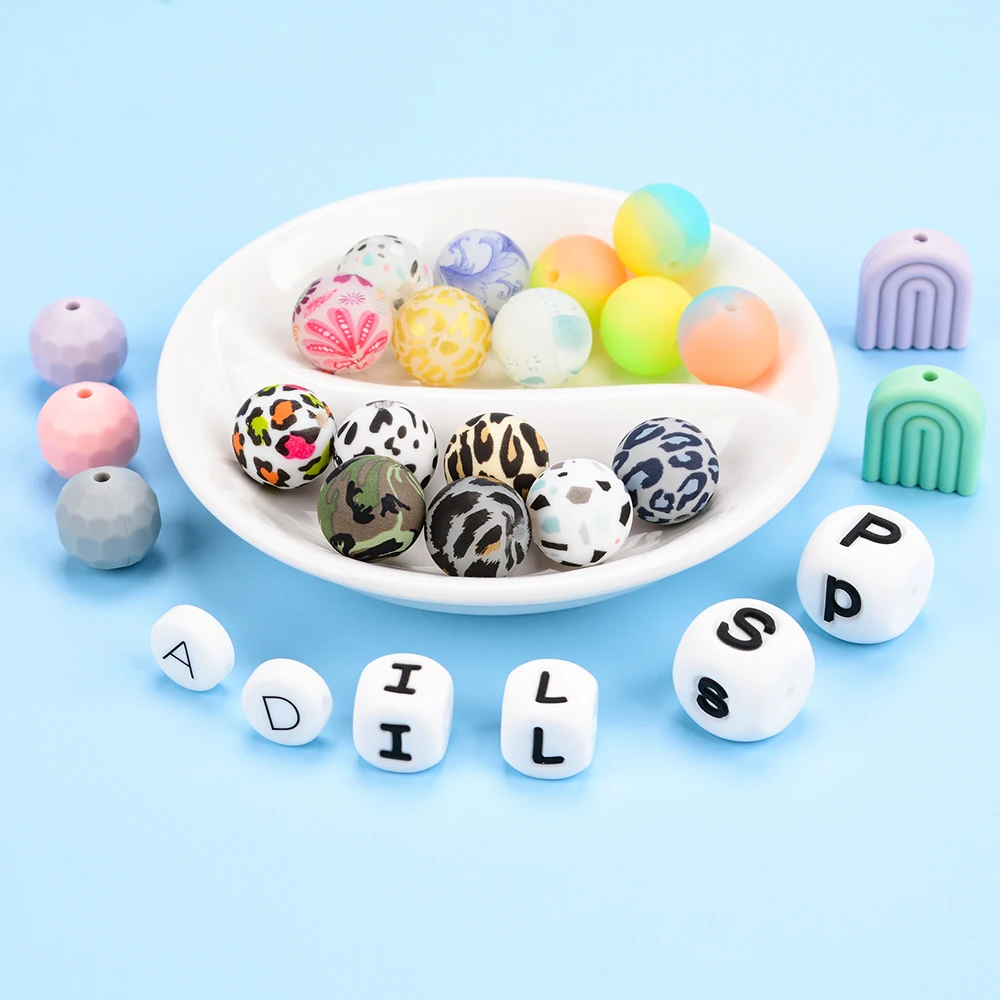 Baby Teether Silicone Beads Bpa Free 12mm 15mm Letter Silicon Bead Wholesale Focal Beads for Crafts