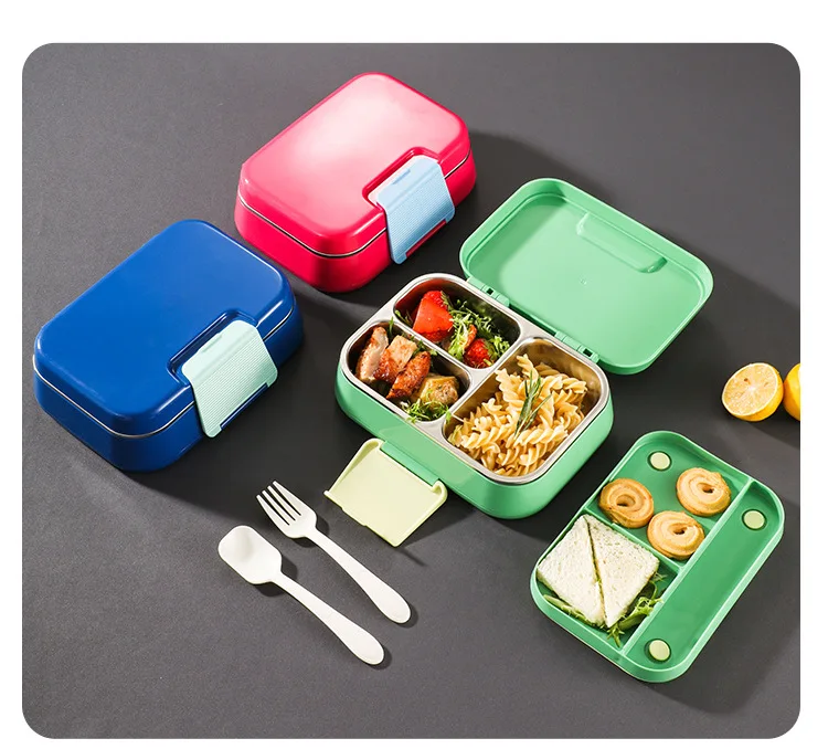 Children Leakproof Bento Lunch Box Stainless Steel 3 Compartment Lunch Box with Cutlery for Kids and Adult
