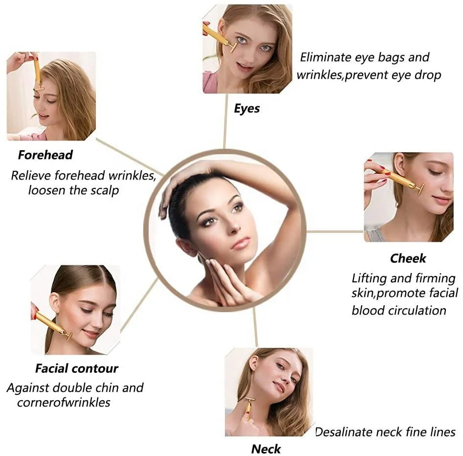 Private Label Masajeador Rodillo Facial 24K Gold Massage Energy Beauty Bar Electric Vibrating Skincare Face Roller Massager