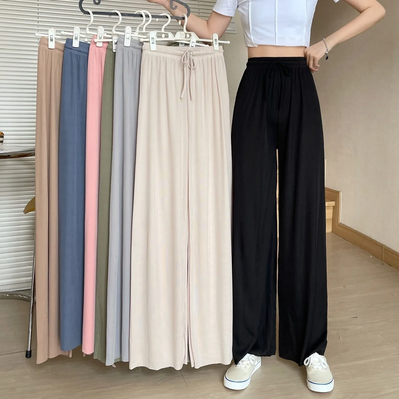 Spring Summer Ice Silk Women High Waist Wide Leg Trousers Ladies  Loose Pants