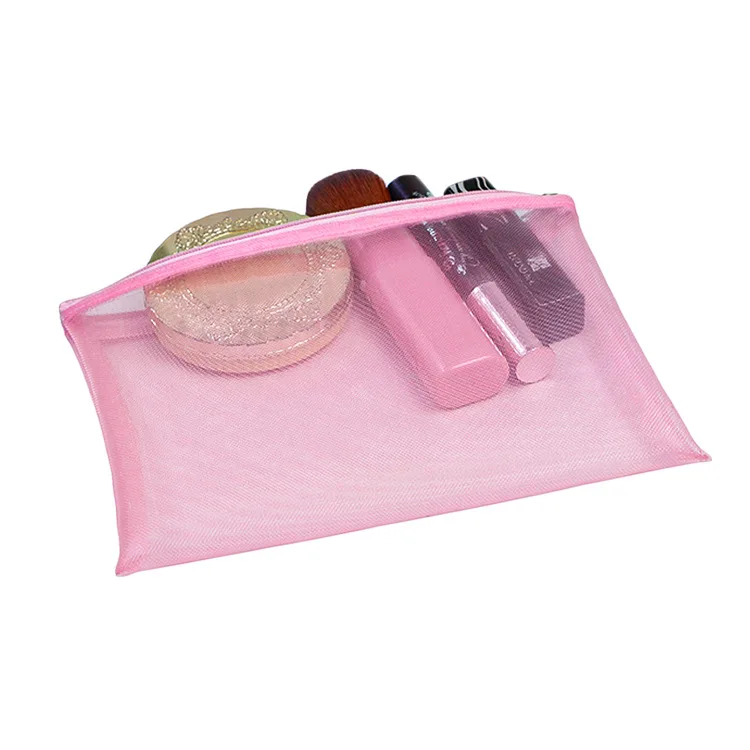 Custom Pink Mesh Makeup Bags Clear Zipper Pouch Wash Kit Travel Net Bag For Packaging