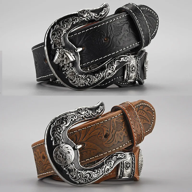 Mens Western Belt Cowboy Country Concho Leather Belt for Jeans Pants Belts