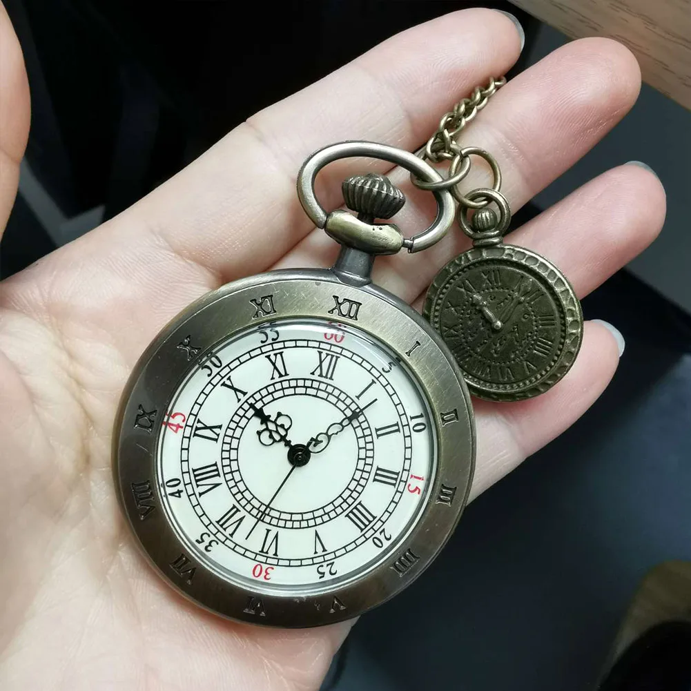 Souvenir Gift Roman Numeral Double Time Zone Dial Vintage Bronze Men Pocket Watch with Necklace Pendant Chain