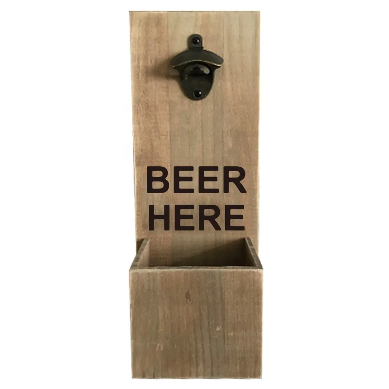 Rustic Wall Mounted Wooden Beer Bottle Opener With Cap Catcher And Beer Soda Cap Collector