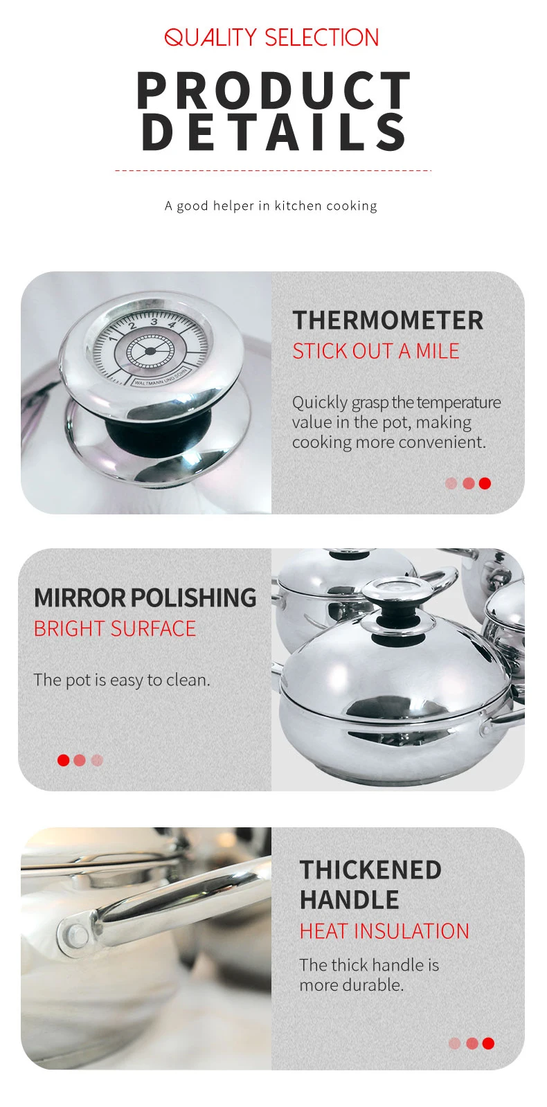 High Quality Kithchenware Cooking Pot Stainless Steel Cookware Set with Thermometer Steel Lid