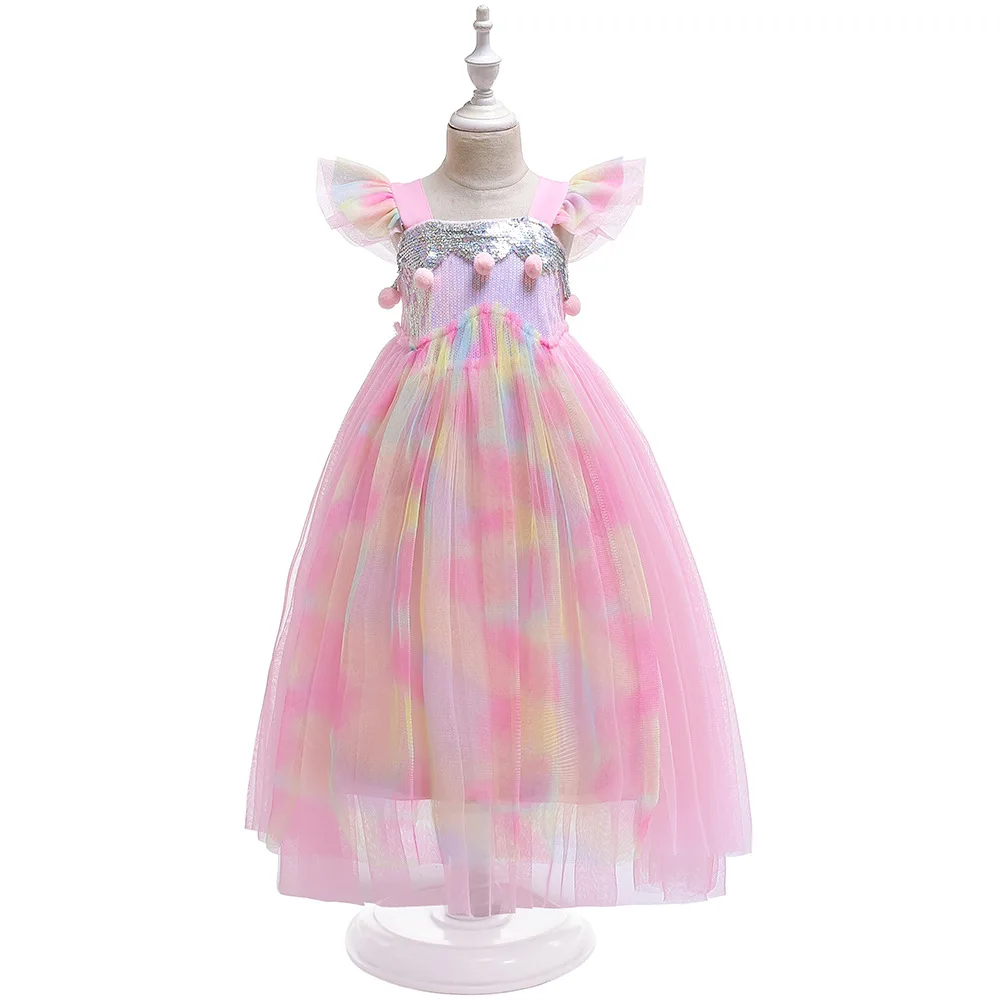 Hot Sale Girls Unicorn Flying Sleeves Sequins Ball Gown Colorful Tulle Skirt Cosplay Holiday Costume for Kids
