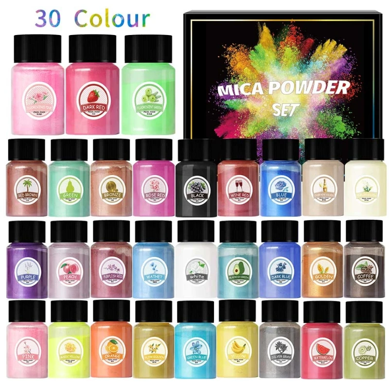 Manufacturer wholesale mica pearl powder upgraded 30 colors black top pigment dye for DIY jewelry shimmer muscovite handiwork