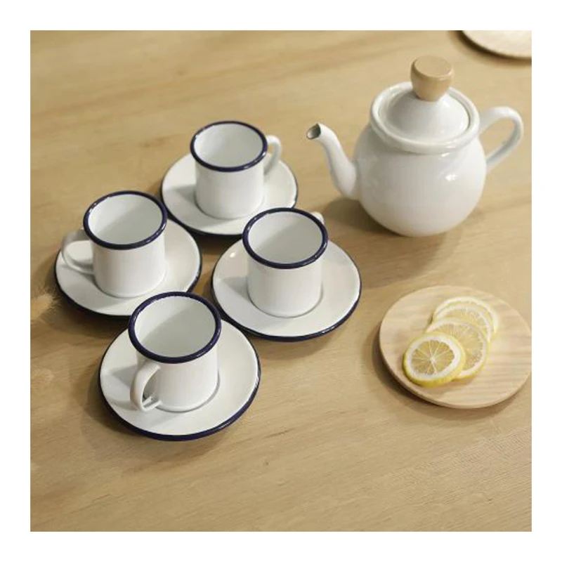A tea sets is one teapot and four mugs enamel tea and coffee sets