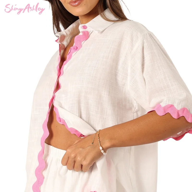 Custom 100% cotton women pajamas set  fashion short sleeve shorts two-piece set women nightgown sleepwear